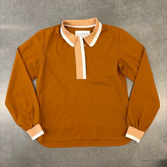 Modern Tops - A. Putnam Long Sleeve Polo Golf Business Terra Orange Rust Stripe Trim Top Small